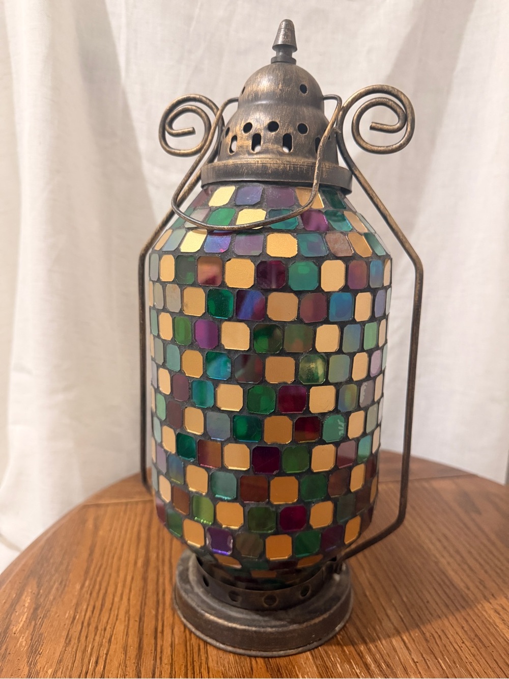 Multicolor Mosaic Glass Lantern Candle Holder Metal Boho Moroccan Style 14.5”*9”